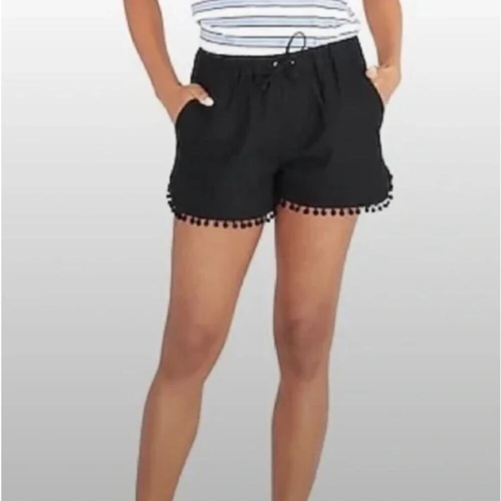 J. Crew Factory Black 3" Pom Pom Linen Cotton Drawstring Shorts Size Medium